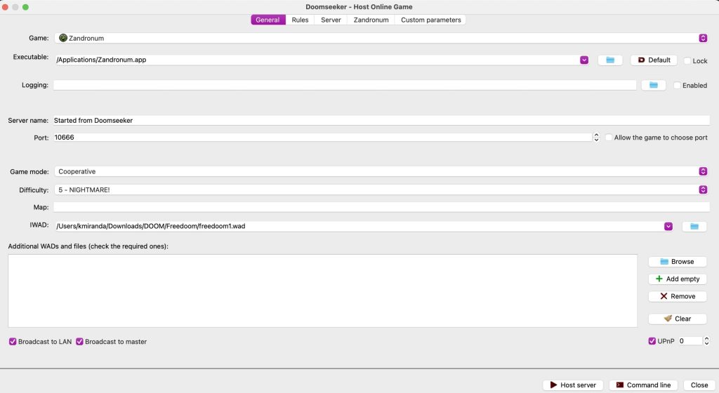 Hosting an online game in Zandronum via Doomseeker