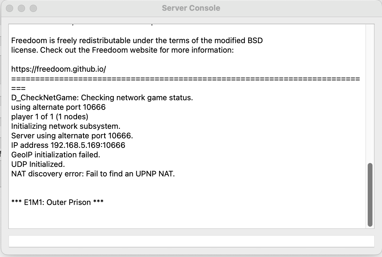 The Zandronum Server Console window confirms the dedicated server has launched and loaded the map in the background.
