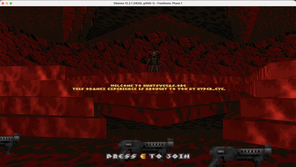 A first-person view of an active Odamex server running Freedoom Phase 1, showcasing the custom welcome banner and spectator mode before spawning into play.