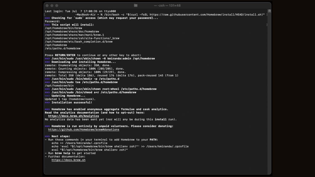 The next step is to install the Package Manager Homebrew via the macOS terminal