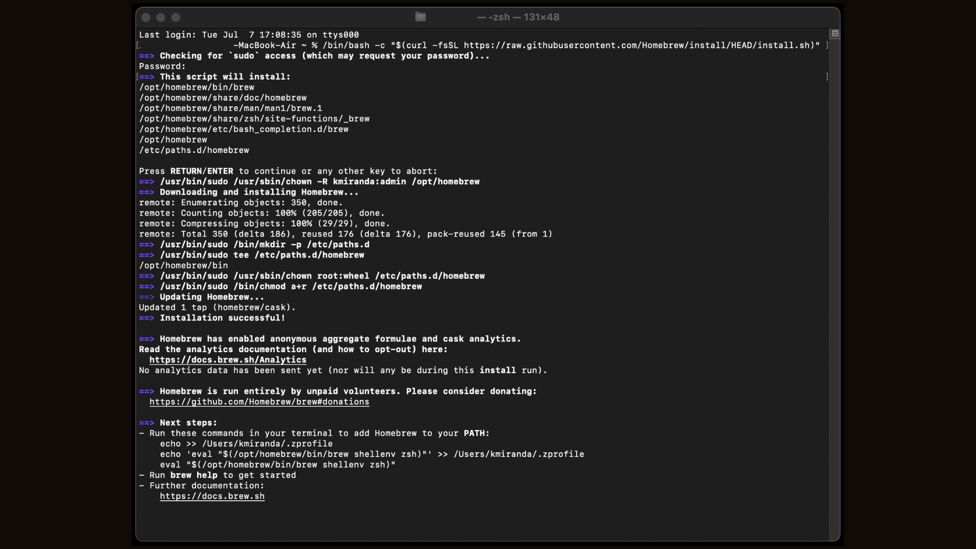 The next step is to install the Package Manager Homebrew via the macOS terminal