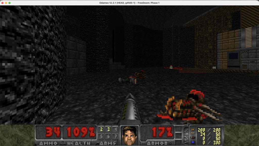 Active gameplay in Freedoom Phase 1, demonstrating Odamex rendering open-source assets and classic HUD elements natively on macOS.