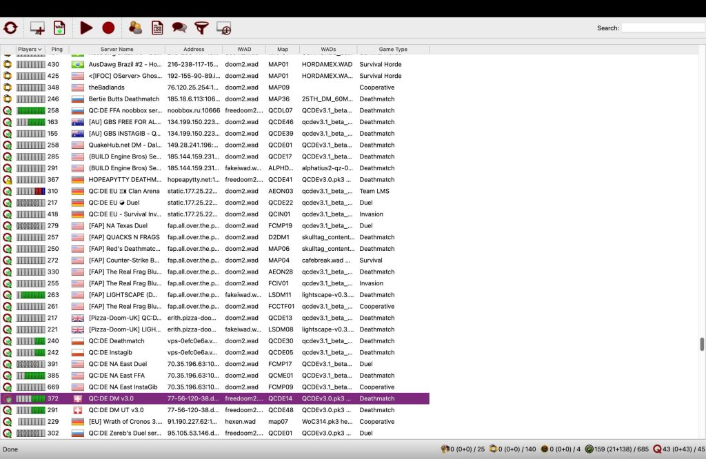The Doomseeker launcher highlights Zandronum's large, active player base across global servers, though most require a commercial doom2.wad file to join.